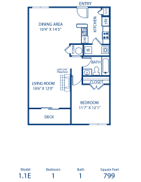 1BR 1BA 799 sq ft