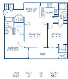 2BR 2BA 980 sq ft