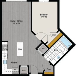 the floor plan of a bedroom apartment with a bathroom and a living room