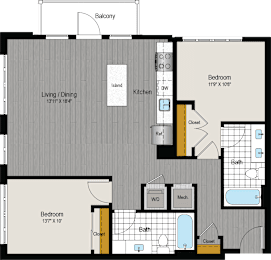 the floor plan of a bedroom apartment with a bathroom and a living room