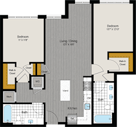 the floor plan of a bedroom apartment with a bathroom and a living room