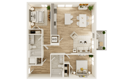 a stylized floor plan of a house with a bedroom and living room