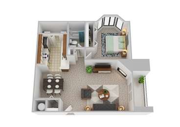 A 3D rendered image of a house layout.