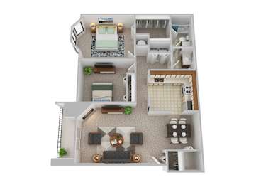 A 3D floor plan of a house with a living room, kitchen, and bathroom.