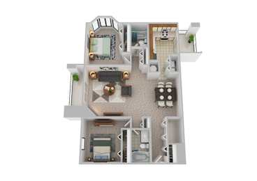 A 3D floor plan of a house with a kitchen, living room, and bathroom.