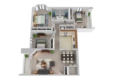 A 3D floor plan of a house with a living room, kitchen, and bathroom.