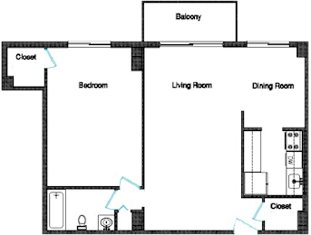 the floor plan of a bedroom apartment with a living room and a dining room