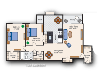 a floor plan of a house with two bedrooms and two bathrooms