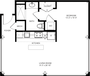 A floor plan of a small apartment with a living room, kitchen, bathroom, and bedroom.