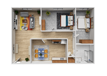 A top-down view of a small apartment with a kitchen, living room, and bathroom.