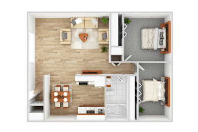 a 3d rendering of a bedroom and living room with a wood floor