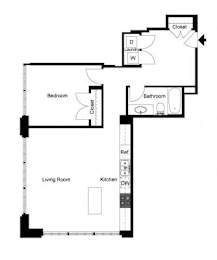 a black and white floor plan with a kitchen and a living room