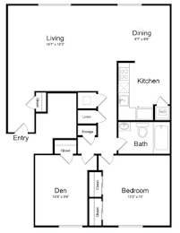 A floor plan of a small apartment with a living room, dining room, kitchen, bathroom, den, and two bedrooms.