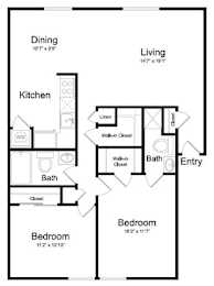 A floor plan of a small apartment with a living room, kitchen, two bathrooms, and two bedrooms.