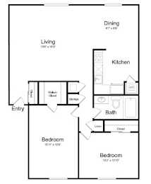 A floor plan of a house with a living room, two bedrooms, a kitchen, a bathroom, and a storage area.