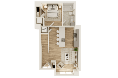 a stylized floor plan with a bedroom and a living room