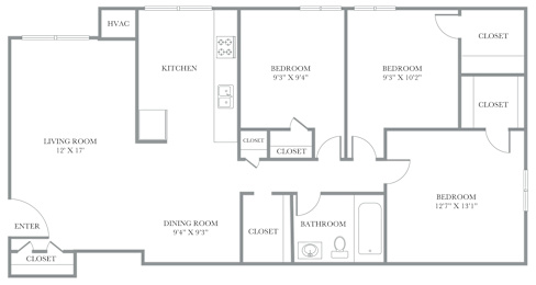 A floor plan of a house with a living room, dining room, kitchen, and four bedrooms.
