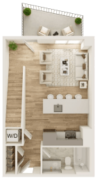 a 3d rendering of a bedroom with a bathroom and a living room