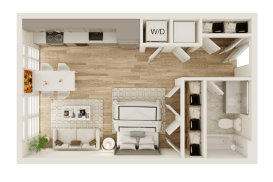 a rendering of a 1 bedroom floor plan with a living room and a dining room