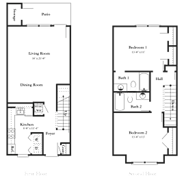A floor plan of a two-story house with a living room, dining room, kitchen, two bathrooms, and two bedrooms.