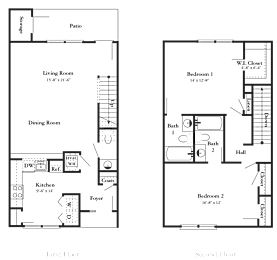 A floor plan of a two-story house with a living room, dining room, kitchen, two bedrooms, a bathroom, and a patio.