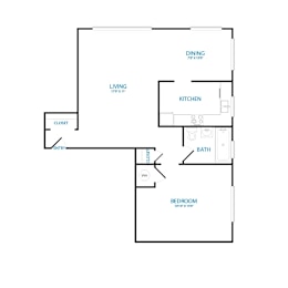 A floor plan of a house with a living room, kitchen, dining room, bathroom and bedroom.