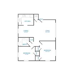 A floor plan of a house with a kitchen, two bedrooms, a bath, a dining area, and a living area.