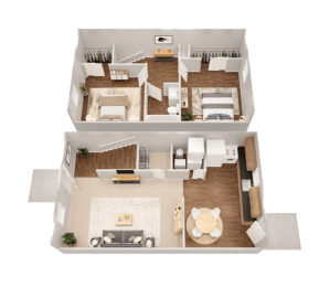 a 3d floor plan of a house with a bedroom and a living room