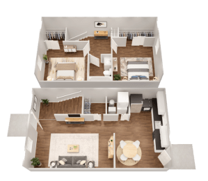 a 3d floor plan of a home with a bedroom and living room