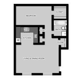 the floor plan of a small room with a bedroom and a living and dining room
