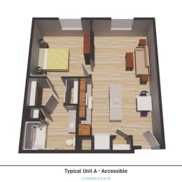 1 bedroom Type A, 3D Floorplan Rendering
