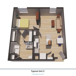 1 bedroom Type C, 3D Floorplan Rendering
