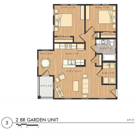 2 Bedroom 1 Bath Unit 3 2D Floorplan at Foote Park at South City