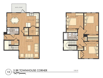 3 Bedroom 2 Bath Corner Townhouse 2D Floorplan at Foote Park at South City
