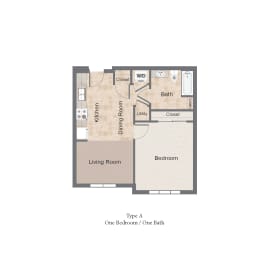 1 Bedroom 1 Bath Type A 2D Floorplan