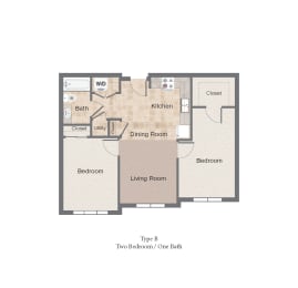 Two bedroom one bath 2D floor plan, City Square 162 Apartments, New Orleans, LA