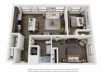 2 Bedroom 1 Bath 870 Square Feet 3D Floorplan - The Arts Lofts at Dayton Arcade, Dayton, OH