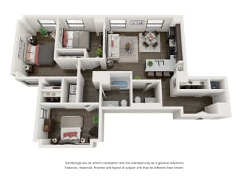 3 Bedroom 1.5 Bath 1120 Square Feet 3D Floorplan - The Arts Lofts at Dayton Arcade, Dayton, OH