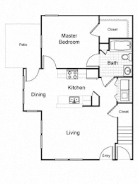 A floor plan of a house with a master bedroom, a kitchen, a living room, and a patio.