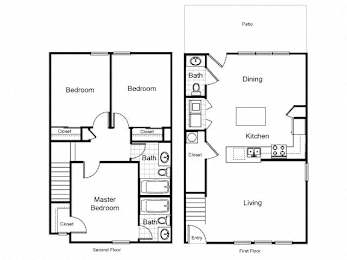 A black and white image of a two-story house floor plan.