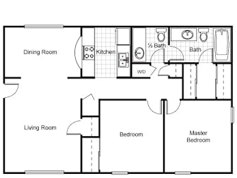 A floor plan of a small apartment with a living room, dining room, kitchen, two bedrooms, and a bathroom.