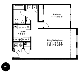 One bedroom one bath apartment floorplan for Crawford Square apartments