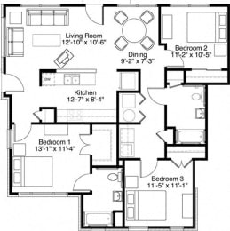 3 Bedroom 2 Bath 2D Floorplan-Horace Mann Apartments, Gary, IN