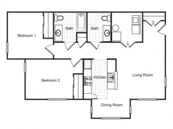 Two bedroom one and a half bath apartment floorplan for Metropolitan Village and Cumberland Manor Apartments