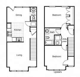 A floor plan of a two-bedroom apartment with a living room, kitchen, and dining area.