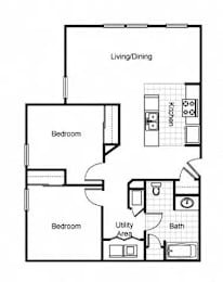 A black and white image of a floor plan for a small apartment.