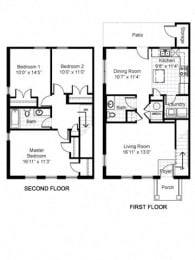 3 Bedroom 1.5 Bath Townhome 2D Floorplan-Renaissance Place at Grand Apartments, St. Louis, MO