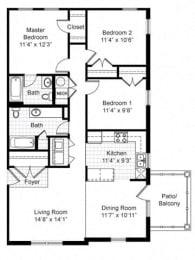 3 Bedroom 2 Bath Garden 2D Floorplan-Renaissance Place at Grand Apartments, St. Louis, MO