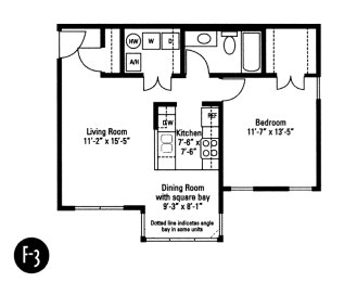 1 Bedroom 1 Bath Style F3 2D Floorplan, Crawford Square Apartments, Pittsburgh, PA