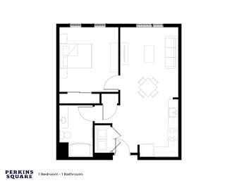 A floor plan of a one bedroom apartment with one bathroom.